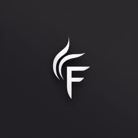 the f letter logo stands out against a black background, showcasing crisp lines and forms. the design exudes a subtle luminosity and sharp brushwork, reminiscent of the hurufiyya style. the color palette includes dark white and dark gray, while the logo incorporates organic and flowing forms. the image was developed using the caffenol method. ai generatedの素材