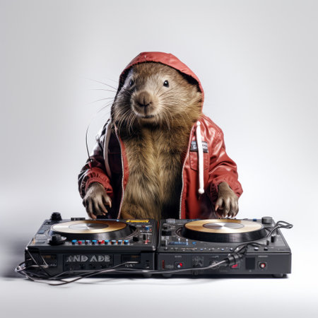 an animal wearing a red jacket stands confidently in front of a dj's turntable. this studio portrait captures the unique blend of styles, including elements of national geographic photography, internet academia, cranberrycore, low bitrate, prairiecore, and bronzepunk. the image showcases a fascinating convergence of diverse influences, creating a visually captivating and thought-provoking composition. ai generatedの素材
