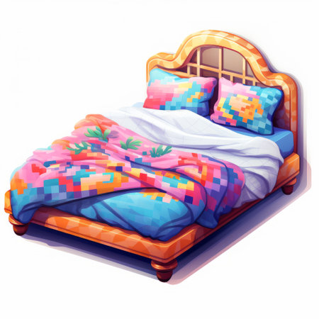 a bed with blue bedding featuring colorful pixel-art, floralpunk, queencore, vacation dadcore, realistic brushwork, pink and amber accents, and tropical symbolism. ai generatedの素材