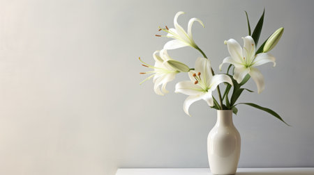 a white flower sits gracefully on a vase, exuding serenity and calmness. captured in stunning 8k resolution, this minimalist background enhances the beauty of floral still lifes. the photograph showcases a realistic portrayal of light and shadow, reminiscent of the caravaggesque style. the sharp focus adds depth and detail to this captivating image. ai generatedの素材