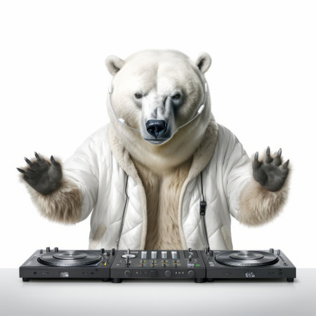 a dj bear, in the style of dark white and white, holds a dj mixer in this ultra-realistic national geographic photo. the layered gestures and frozen movement capture the warmcore essence of the scene, making it a captivating associated press photo. ai generatedの素材