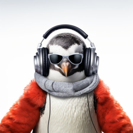 a penguin wearing music headphones and sunglasses, showcasing photorealistic fantasies. this commercial imagery captures the essence of junglecore with its light red and gray tones. rendered in maya, this frozen movement photograph is reminiscent of an associated press photo, creating a visually captivating scene. ai generatedの素材