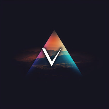 the vibrant letter v stands out against a backdrop of clouds, reminiscent of luminist landscapes. the dark navy and light bronze hues create a striking contrast. the image features minimal retouching and a layered mesh effect, resulting in a graphic and symmetrical composition. the colors used are both acidic and luminous, adding depth to the layered imagery with a touch of subtle irony. ai generatedの素材