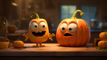gloomy pumpkin screenshots rendered in cinema4d, featuring playful cartoon illustrations. the light amber and amber tones create a warm and inviting atmosphere. this uhd image showcases focus stacking techniques, capturing a kitchen still life. the overall composition exudes a joyful and optimistic vibe. ai generatedの素材