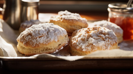three doughnuts, arranged on a plate, are captured in the style of the tokina opera 50mm f14 ff lens. this photograph, reminiscent of the hudson river school, showcases luminous shadows and spiky mounds. with a touch of charming frivolity, the creased, crinkled, and wrinkled doughnuts pay homage to dutch tradition. ai generatedの素材