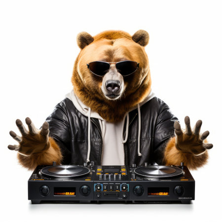 a bear wearing sunglasses stands behind a dj deck in this powerful composition. the photo showcases a photo-realistic hyperbole with a reductionist form, emphasizing the bear's presence. shot at iso 200, the uhd image captures the brown tones and intricate details, creating a visually stunning scene. the bear's cool demeanor and the mosscore add an intriguing touch to the overall aesthetic. ai generatedの素材