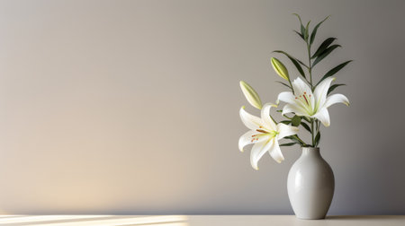 white lilies in a vase on a table, featuring minimalist backgrounds and staged in a minimalist style. this photo showcases the beauty of the flowers with ray tracing technology, offering stunning 8k resolution. the sunrays add a touch of natural radiance to the scene, enhancing the minimalist sculptor's vision. ai generatedの素材