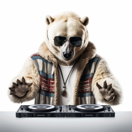 a polar bear wearing sunglasses and a hat djs on a white surface. the photo is in the style of photo-realistic hyperbole, with sepia tones and detailed costumes. the concept is inspired by forestpunk, featuring a white background. the image has an imax quality and captures the bear's untrained talent. ai generatedの素材