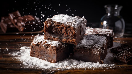 five chocolate brownies, dusted with powder, are arranged in a rustic scene reminiscent of the barbizon school. this national geographic photo captures the linear delicacy of the night photography, showcasing the rich textures and details of the brownies. shot in 32k uhd, this image brings the frostpunk style to life, immersing viewers in a visually stunning culinary experience. ai generatedの素材