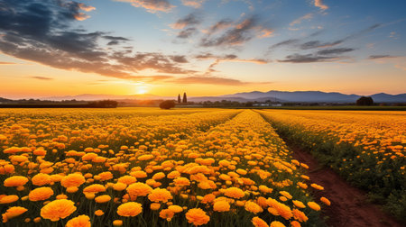 poppies field at sunset in japan, captured in the style of petros afshar. the vibrant yellow and gold hues create a mesmerizing scene, reminiscent of the works of adam elsheimer. this uhd image, reminiscent of martin rak's photography, showcases the beauty of nature. an associated press photo that captures the essence of a serene and picturesque landscape. ai generatedの素材