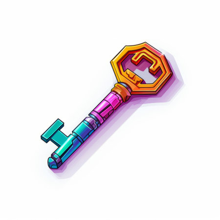 a colorful key with intricate lines showcasing its functionality, designed in a 2d game art style. this pop art cartoonish illustration features realistic detailing, with a combination of light magenta and bronze hues. the key's design is inspired by honeycore, featuring simple yet vibrant and colorful illustrations. the magnified ornamentation adds an extra touch of visual appeal. ai generatedの素材