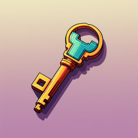 a pixelated golden and frosted key or token, reminiscent of detailed penciling, showcases vibrant cartoonish elements in the style of casey weldon. this digital artwork skillfully blends the qualities of manual artistry with strong use of color, particularly light cyan and magenta. the symbolic props add depth and intrigue to the composition. ai generatedの素材