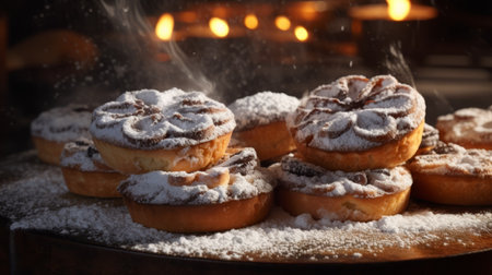 christmas cookies on a table adorned with powdered sugar and candles. this stunning 32k uhd macro photograph captures the essence of the holiday season. with influences from applecore, national geographic photography, mist, mushroomcore, and duckcore, this image is a visual delight. ai generatedの素材