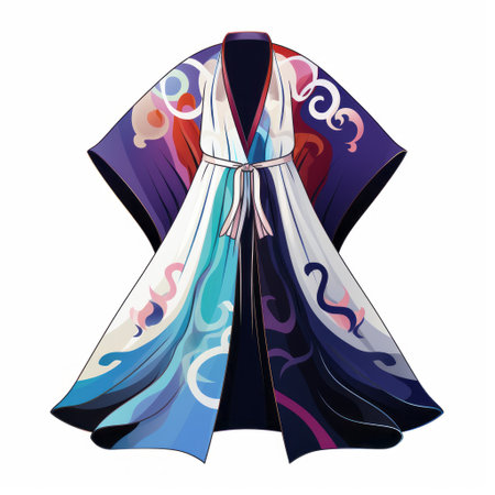 the robe from koizumi's outfit is a vibrant and colorful piece of clothing. it features a colored cartoon style with abstract illusionism, showcasing detailed background elements. the robe is predominantly light white and dark indigo, with hints of purple and blue. the expressive manga style is evident in its design, which incorporates traditional techniques. ai generatedの素材