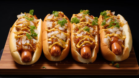 hot dogs with mustard and onions are artfully arranged on a platter in this captivating photograph. influenced by japanese photography, the image showcases the skillful blending technique of wet-on-wet, resulting in a visually stunning composition. created by renowned photographers john wilhelm and hirohiko araki, the vibrant colors and dark orange hues evoke a sense of trillwave aesthetic. this high-resolution 32k uhd image is a feastの素材