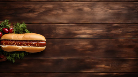 hot dog on wooden table with hotdog on plate, captured in aerial photography style. sparse backgrounds in dark brown and gold hues create a visually striking image. shot with a canon af35m camera, the photo features a heavy texture and panoramic scale, giving it a unique solapunk aesthetic. ai generatedの素材