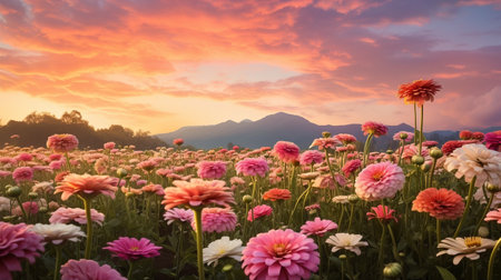 sunset in a field with dahlias, captured by joong keun lee, showcases a romantic landscape vista. the lush landscape background, reminiscent of national geographic photos, features a realistic usage of light and color. this nature-inspired image exudes a realistic yet romantic ambiance. ai generatedの素材