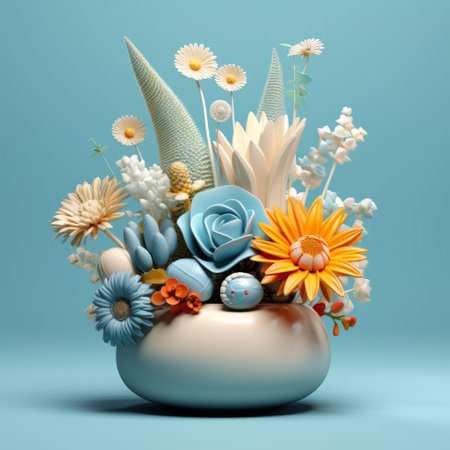 a digital abstract flower vase art in light cyan and orange, rendered with digital realism. these whimsical ceramics, made of flowers, are tightly cropped compositions in a playful and spherical sculpture style. rendered in cinema4d, these 3d images showcase the vibrant and imaginative world of digital art. ai generatedの素材