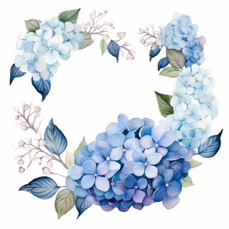 blue hydrangeas arranged in the shape of an ornament frame, captured in a captivating watercolor frame vector. this skillful composition showcases realistic watercolor paintings of these romantic floral still lifes. the artwork features a white background with hints of light beige and dark aquamarine, making it a perfect commission for lovers of intricate and beautiful designs. ai generatedの素材