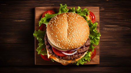 a top view of a hamburger placed on a wooden table. the hamburger is presented in a photo-realistic style with detailed shading and a texture-rich appearance. the background is black, creating a visually striking contrast. this high-quality image captures the fine details of the hamburger, making it perfect for ultra hd displays and printing purposes. ai generatedの素材