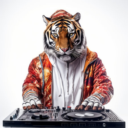 a dj is seen playing his dj deck with a tiger's face on it. the photo showcases a stylish costume design, captured in a studio setting. the mottled and colorful costumes stand out against the white background, with shades of dark orange and beige. this national geographic photo captures the unique blend of music and wildlife-inspired fashion. ai generatedの素材