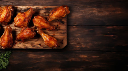 chicken wings, dill, mustard, and parsley are beautifully presented on a rustic wooden board. this photograph captures the essence of realistic chiaroscuro, with aerial abstractions and a matte finish. the brown tones evoke a sense of warmth and nostalgia, reminiscent of the american barbizon school. this high-definition image showcases the deliciousness of chicken wings in a visually stunning way. ai generatedの素材