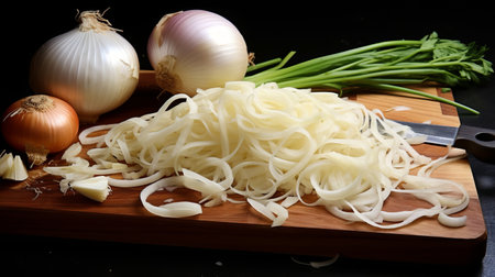 chopped onions are displayed on a wooden cutting board, surrounded by a knife. the onions are arranged in a unique and intricate manner, resembling tangled nests. the image showcases the delicate and flowing lines of the light white onions, creating a layered complexity. the onions have a rubbery texture and the photograph has a traditional chinese style, enhanced with the orton effect. ai generatedの素材