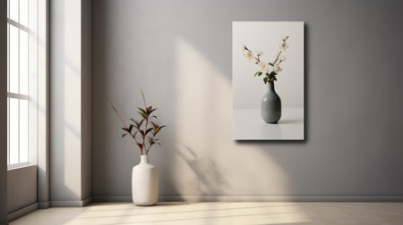 a small green floral vase sits gracefully on a wooden bedside table, creating a charming composition. this photorealistic rendering captures the beauty of cherry blossoms in a large-scale canvas. the color palette of light gray and gray adds a soothing touch to the scene. captured with a sony alpha a1, dima dmitriev skillfully plays with light and shadow, enhancing the overall visual appeal. ai generatedの素材