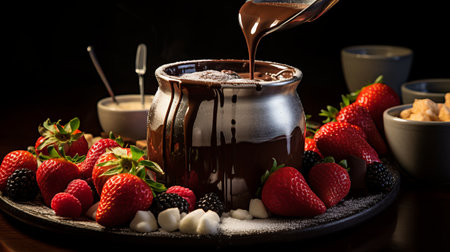a photo of a hot chocolate with berries and strawberries is captured on a table, showcasing the artistic style of melting pots and chiaroscuro mastery. the image, taken by mark keathley, exhibits a dramatic chiaroscuro effect with a solid and structured composition. the photo was developed using the caffenol method and has an iso of 200. ai generatedの素材