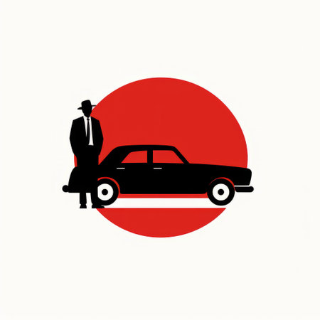 a man stands next to a car in silhouette, reminiscent of vintage poster design. the simplistic characters are highlighted by light black and red tones, while circular shapes and cultural symbols add depth. this yankeecore-inspired image showcases an elegant use of negative space. ai generatedの素材