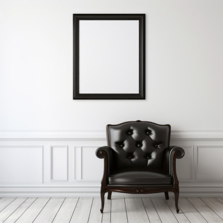 an empty hallway with white walls, a chair, and an empty black frame. this photo captures the essence of classical, historical genre scenes with its matte finish and gothic undertones. reminiscent of the works of edward poynter, the image exudes ultra-realistic details and a minimalistic sophistication. ai generatedの素材