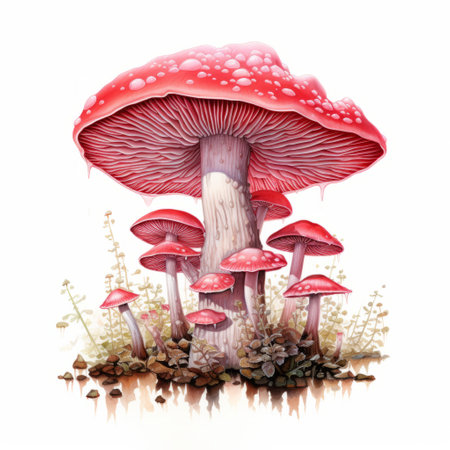 watercolor mushrooms for sale, featuring realistic hyper-detailed rendering on ink and paper. these unique artworks showcase a captivating blend of light red and violet hues, with intricate character designs and layered translucency. the highly detailed foliage adds depth to the surrealistic horror-inspired paintings, while the dripping paint technique adds an intriguing touch. ai generatedの素材