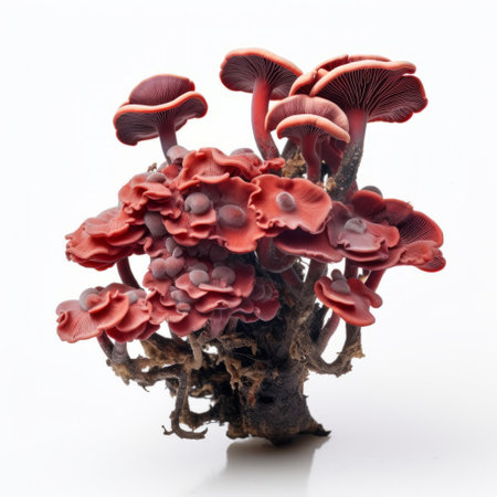 mushrooms on a branch, showcased against a white background, exude an intense coloration reminiscent of ancient chinese art. this captivating photo, captured with an angenieux 45-90mm f2.8 lens, showcases meticulously sculpted details. with its dark pink and dark orange hues, this image is a stunning example of a fantasy-inspired composition. associated press has recognized this photo for its artistic appeal. ai generatedの素材