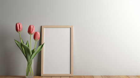 empty frame with beautiful pink tulips on ice white surface on grey wall. the sketchfab-style composition features light brown and light beige tones, screen tones, and a juxtaposition of objects. rendered in cinema4d, this minimalist portrait showcases linear simplicity. ai generatedの素材