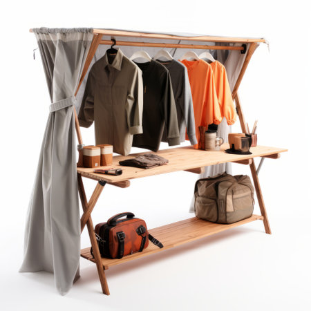 a hanging rack with luggage hanging beneath it is depicted in this photorealistic rendering. the detailed drapery and dynamic outdoor shot capture the essence of the scene. the varying wood grains add a touch of authenticity to the image. this tabletop photography showcases the scoutcore aesthetic and deconstructed tailoring. ai generatedの素材