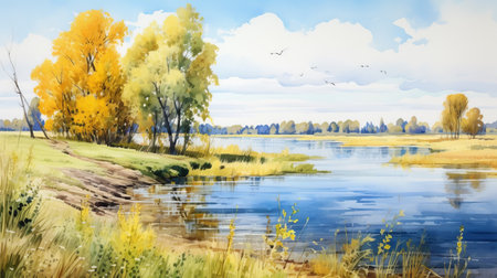 a natural watercolor landscape featuring vibrant yellow, red, green, and white flowers adorning a serene river and lake. the artwork is done in a light azure and brown style, reminiscent of detailed hunting scenes and lively seascapes. the smooth lines and fantastic landscapes create a sense of pensive stillness. shot on ferrania p30 film. ai generatedの素材