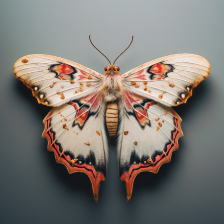a colorful and realistic butterfly is showcased in this captivating photograph. the butterfly's vibrant hues stand out against a backdrop of muted tones, creating a surreal and visually striking image. with minimal retouching, the butterfly's intricate details are beautifully captured, reminiscent of persian miniature art. rendered in cinema4d, this dark, white, and pink butterfly embodies the essence of baroque animals, making it a truly uniqueの素材