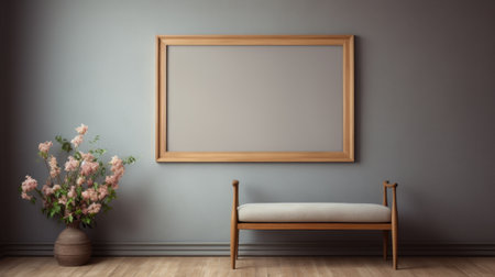 empty frame on wall in front of white bench, 3d rendered in the style of charles willson peale, john sloane, and gerard ter borch. the frame features a blend of light indigo and light brown hues, while the background is a dark gray. inspired by traditional japanese artistic techniques, this composition captures a unique fusion of styles. shot on fujifilm provia 400x film. ai generatedの素材