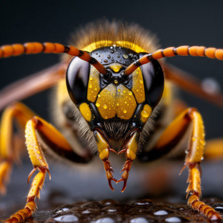 a yellow and black wasp with a black stripe on one side is captured in this photograph, reminiscent of the style of caras ionut. the image showcases the intricate details of the insect, with water drops adding a touch of realism. the wasp's dark orange and silver coloration stands out against the background, while its exaggerated facial features create a captivating portrait. this high-resolution imageの素材