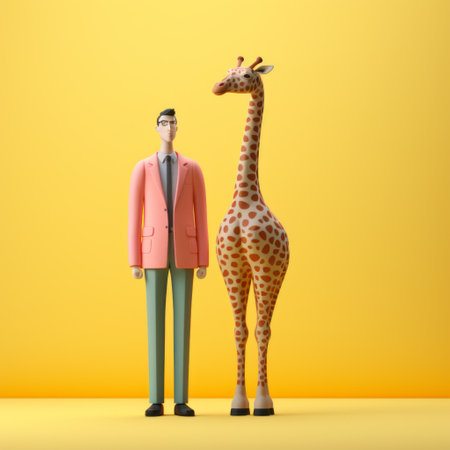 cartoons model illustration of a man with a giraffe, showcasing a minimalist sculpture style. this realistic pop art piece captures the essence of animals and people. with a shallow depth of field, the vibrant yellow and pink colors bring the artwork to life. rendered in cinema4d, this national geographic-inspired photo is a captivating visual representation. ai generatedの素材