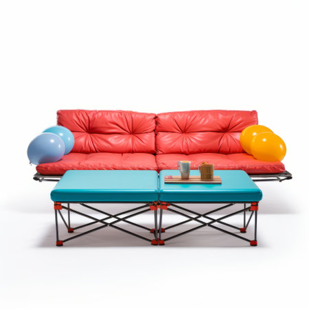 a red sofa, reminiscent of surreal still life compositions by artists patricia piccinini, damien hirst, and ichiro fukuzawa. this sky-blue and orange styled piece showcases symmetrical balance in tabletop photography. ai generatedの素材