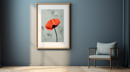 a red poppy, rendered in cinema4d, is framed on a minimalist wall. the background features light indigo and light brown tones, creating a soft and dreamy atmosphere. this staged photography showcases the vibrant colors of the poppy in 8k resolution. the composition is enhanced by hints of light orange and light green. ai generatedの素材