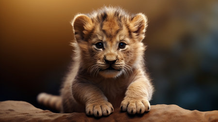 a lion cub sits atop a rock in this live wallpaper, featuring a light gold and brown color scheme. the image captures the essence of iconic pop culture references and soft-focus portraits. with elements reminiscent of flickr, realistic oil paintings, petcore, and disney animation, this captivating scene is sure to add a touch of charm to any device. ai generatedの素材