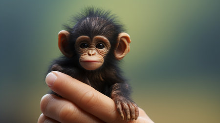 a person gently cradles a chimpanzee baby in their hand, showcasing the realistic rendering of this adorable scene. created in cinema4d with precisionism influence, the image captures the cute and dreamy essence. rendered in stunning 8k resolution, the intense gaze of the chimpanzee baby adds an extra layer of captivation. this masterpiece is the creation of yanjun cheng. ai generatedの素材