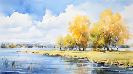 a watercolor painting of a lake and trees, featuring yellow and azure hues, captures the essence of fantastic landscapes. created by ruslan lobanov, this uhd image showcases the charming and idyllic rural scenes. the light amber and sky-blue colors add a touch of serenity to this masterpiece, reminiscent of the works of yoshikazu yasuhiko. ai generatedの素材