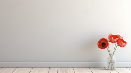 flowers on table, standing on wooden floor, create a captivating 3d rendering. the minimalist cartooning style, with light gray and red hues, adds a unique touch. an orange wall sculpture and installation enhance the abstract minimalism. a single object that appeals to appreciators of this artistic style. a security camera keeps a watchful eye. ai generatedの素材