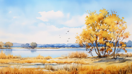 a watercolour painting of a landscape, featuring a hyper-realistic depiction of calm waters. the illustration, done in the style of accurate ornithological paintings, showcases charming and idyllic rural scenes. the use of yellow and beige hues adds to the serene atmosphere, while the inclusion of oil and enamel techniques enhances the overall visual appeal. the azure and amber tones further enhance the beauty of theの素材