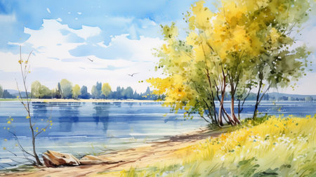 watercolor drawing of autumn trees in the garden near the water. the vibrant yellow and azure hues capture the essence of the season. this outdoor scene, painted en plein air, showcases the beauty of nature. the uhd image depicts lively coastal landscapes and beach scenes. ai generatedの素材