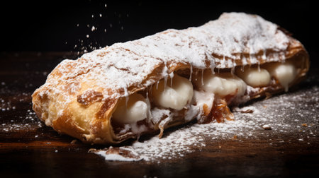 vienna pastries with cream and powdered sugar are beautifully displayed on a table. this photo, captured in the style of laowa 100mm f2.8 2x ultra macro apo lens, by ray collins, showcases the intricate details of the pastries. the pulled, scraped, and scratched textures add an elongated and dramatic effect, while the aggressive quilting enhances the visual appeal. ai generatedの素材