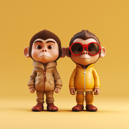 two figurines, rendered in cinema4d by alex petruk ape, depict a character wearing a cozy sweater and vibrant red shoes. the warm color palette, reminiscent of bill gekas' photography, adds a touch of nostalgia. these hip-hop influenced figurines capture the essence of toyen's artistic style, with a pop of yellow to enhance their visual appeal. ai generatedの素材